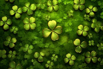 St. Patrick's Day celebration with clover as a lucky symbol and a clover background. Generative AI - obrazy, fototapety, plakaty