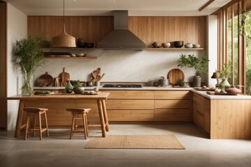 Serene Zen-Inspired Interior Design Kitchen with Natural Bamboo and Wood Elements, AI Generated