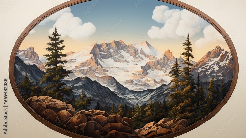 Poster a painting of a mountain scene with pine trees and rocks. generative ai