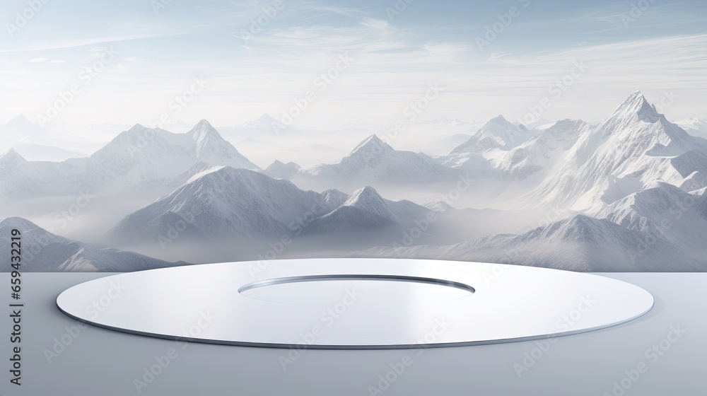 Poster a round white object in front of a backdrop of mountains. generative ai