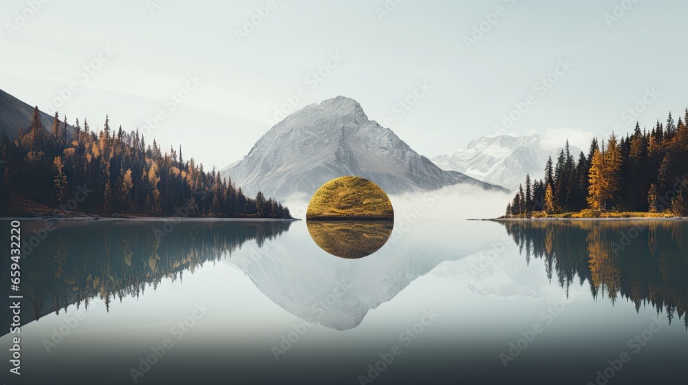 Poster a lake with a mountain in the background and a yellow circle in the middle. generative ai