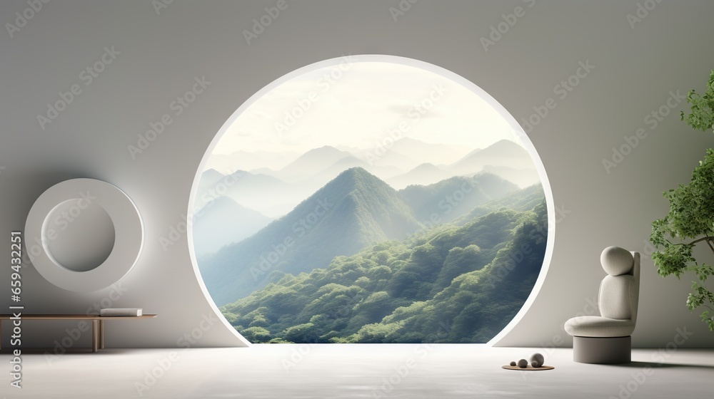 Poster a round window with a view of a mountain range in the background. generative ai