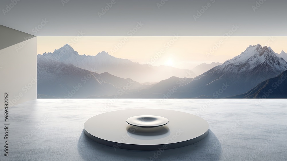 Poster a round object sitting on top of a white table in front of a mountain range. generative ai