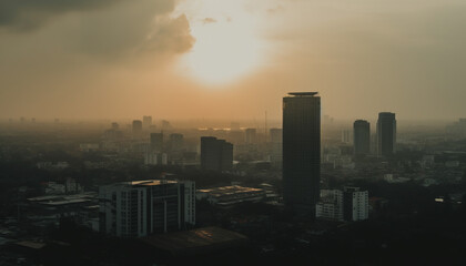Silhouette of modern city skyline at dusk, backlit by sunset generated by AI