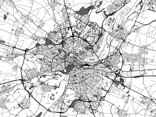 Greyscale vector city map of  Caen in France with with water, fields and parks, and roads on a white background.