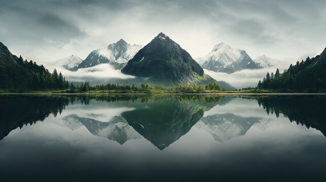 a mountain range is reflected in a still body of water.  generative ai