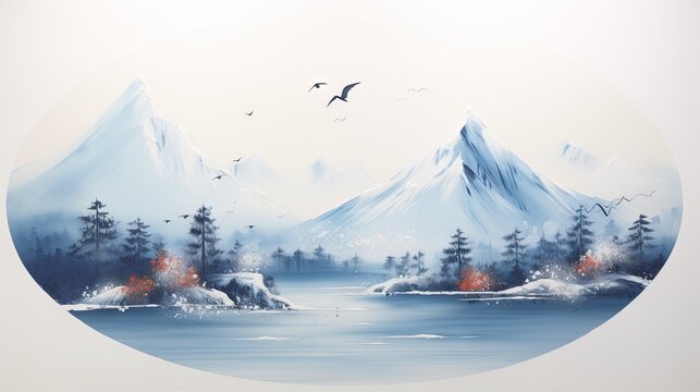  a painting of a mountain lake with birds flying over it.  generative ai