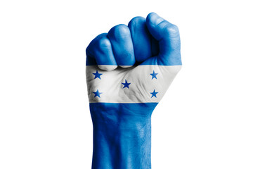 Man hand fist of HONDURAS flag painted. Close-up.