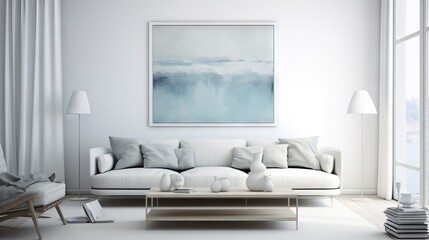  a living room with a white couch and a painting on the wall.  generative ai