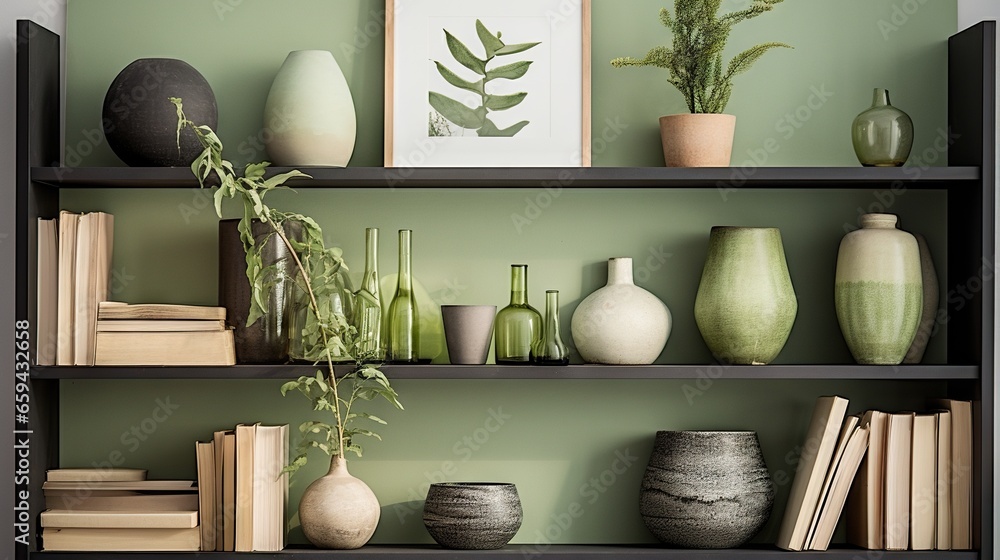 Poster a shelf filled with vases and books on top of it. generative ai
