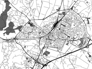 Greyscale vector city map of  Narbonne in France with with water, fields and parks, and roads on a white background.