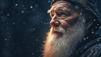 Senior Caucasian man with gray beard smiling in winter snow generated by AI