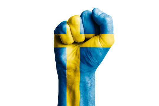 Man hand fist of SWEDEN flag painted. Close-up.