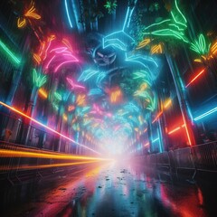 Perspective of street with blue, red, green and violet neon lights. Beautiful neon night in a cyberpunk city. Futuristic city. scene.