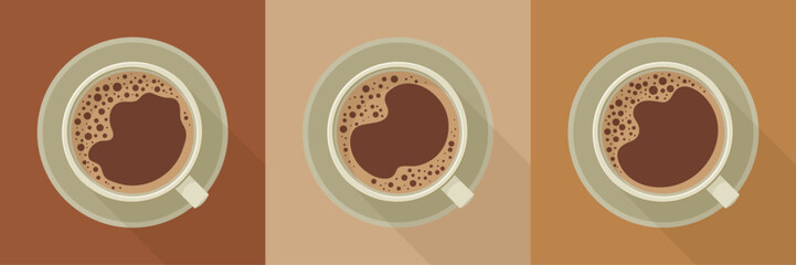 Coffee banner. Long shadow design illustration. Top view. Vector. 