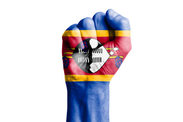 Man hand fist of SWAZILAND flag painted. Close-up.
