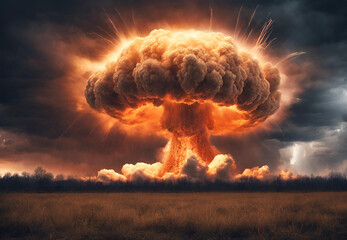 Nuclear bomb explosion during world war,
Nuclear explosion,
Big nuclear explosion with a mushroom cloud and fire in the dark
