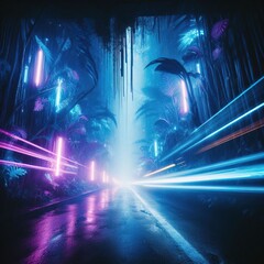 Perspective of street with blue and violet neon lights. Beautiful neon night in a cyberpunk city. Futuristic city. scene.