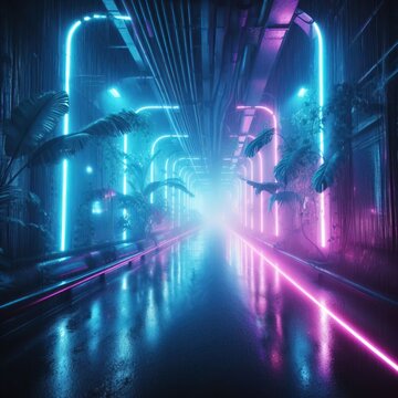 Perspective of street with blue and violet neon lights. Beautiful neon night in a cyberpunk city. Futuristic city. scene.