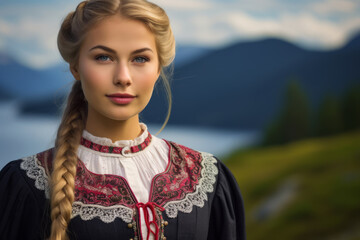 Portrait of a beautiful woman wearing a traditional Norwegian bunad costume - obrazy, fototapety, plakaty