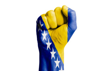 Man hand fist of BOSNIA flag painted. Close-up.