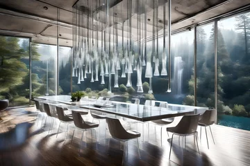 Foto auf Glas Generate a surreal waterfall dining scene with transparent chairs and a table suspended above the water © Izhar