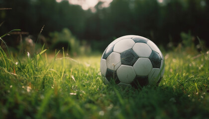 Fototapeta premium Green soccer ball rolls on grass field generated by AI