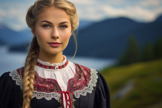 Portrait of a beautiful woman wearing a traditional Norwegian bunad costume
