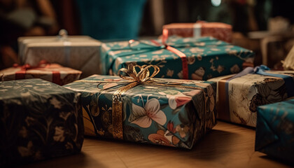 Naklejka na ściany i meble Shiny wrapped gift box on wood table, Christmas decoration elegance generated by AI