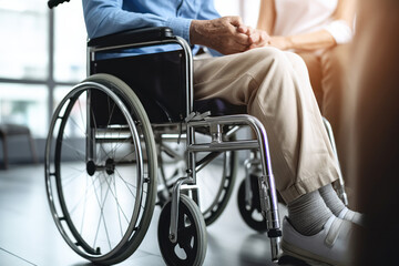 Obraz premium Nurse Holding Hand of Senior Man in Wheelchair in Nursing Home or Hospital