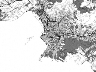 Greyscale vector city map of  Marseille Metropole in France with with water, fields and parks, and roads on a white background.