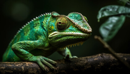 Green lizard on branch, scales in focus generated by AI