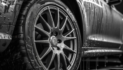 Fototapeta na wymiar Shiny chrome alloy wheels on a wet sports car driving fast generated by AI