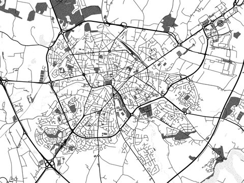 Greyscale vector city map of  Cholet in France with with water, fields and parks, and roads on a white background.