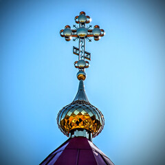 Fototapeta na wymiar General view and architectural details in close-up of the Orthodox Church of St. Luke the Apostle and Evangelist, built in 1944, in the town of Tyniewicze Duże in Podlasie, Poland.