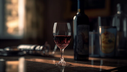 Naklejka premium Wine bottle and glasses on table, luxury celebration indoors generated by AI