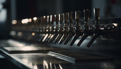 Dark bar industry illuminates fresh craft beer glass in foreground generated by AI