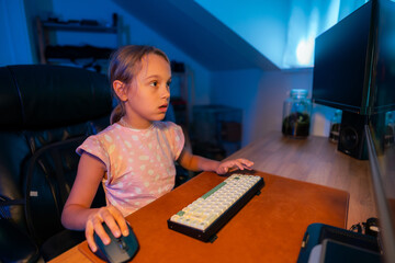 A child sitting in front of a computer screen in a dimly lit room, surrounded by neon lights,...