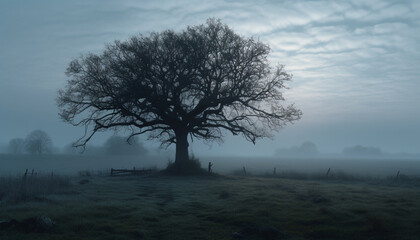 Obraz premium Silhouette of lonely tree in foggy autumn forest landscape generated by AI