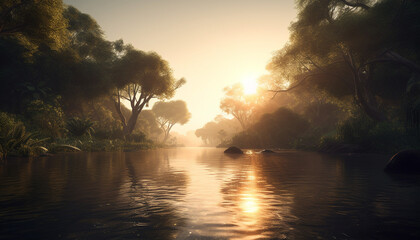 Fototapeta na wymiar Sunset over tranquil pond, reflecting autumn beauty generated by AI