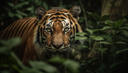 Majestic Bengal tiger staring with selective focus generated by AI