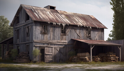 Rustic farm shed with old fashioned timber door in abandoned landscape generated by AI