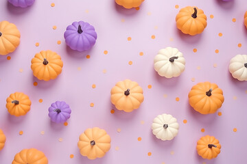 small pastel color pumpkins pattern with paper confetti on a pastel background, flat lay