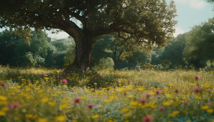 Sunset over meadow, tree and wildflower in tranquil rural scene generated by AI