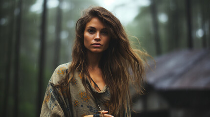 Young adult attractive European woman in  forest, beautiful lady pretty model with curly hair, freckles looking at camera on outdoor, close up face portrait. Hippie style, natural beauty
