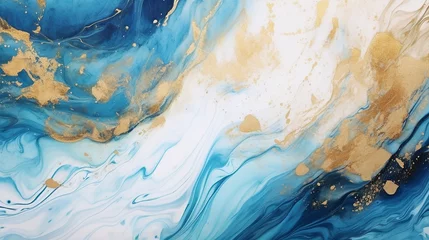 Foto op Aluminium Fluid art texture design. Background with floral mixing paint effect. Mixed paints for posters or wallpapers. White, blue and golden overflowing colors. Liquid acrylic picture that flows and splash © Aura