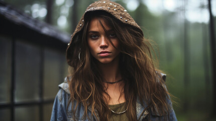 Young adult attractive European woman in  forest, beautiful lady pretty model with curly hair, freckles looking at camera on outdoor, close up face portrait. Hippie style, natural beauty
