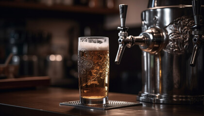 Fototapeta na wymiar Frothy beer poured from shiny tap, refreshing liquid in mug generated by AI