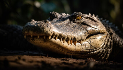 Fototapeta premium Crocodile open mouth shows animal aggression generated by AI