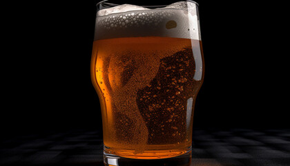 A frothy beer glass with golden liquid and bubbles generated by AI